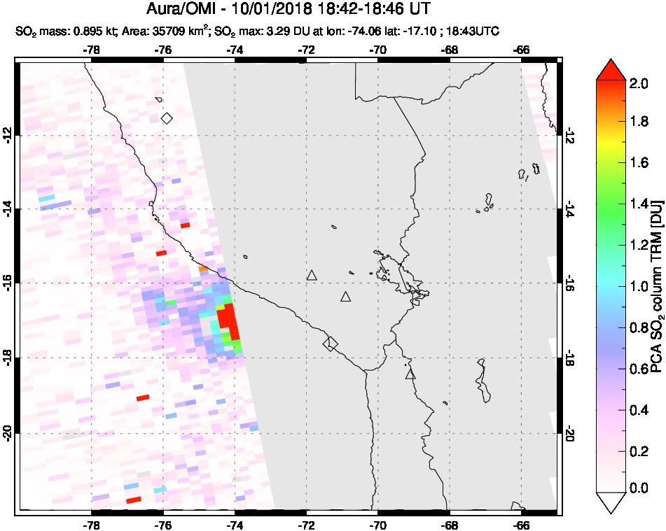 A sulfur dioxide image over Peru on Oct 01, 2018.
