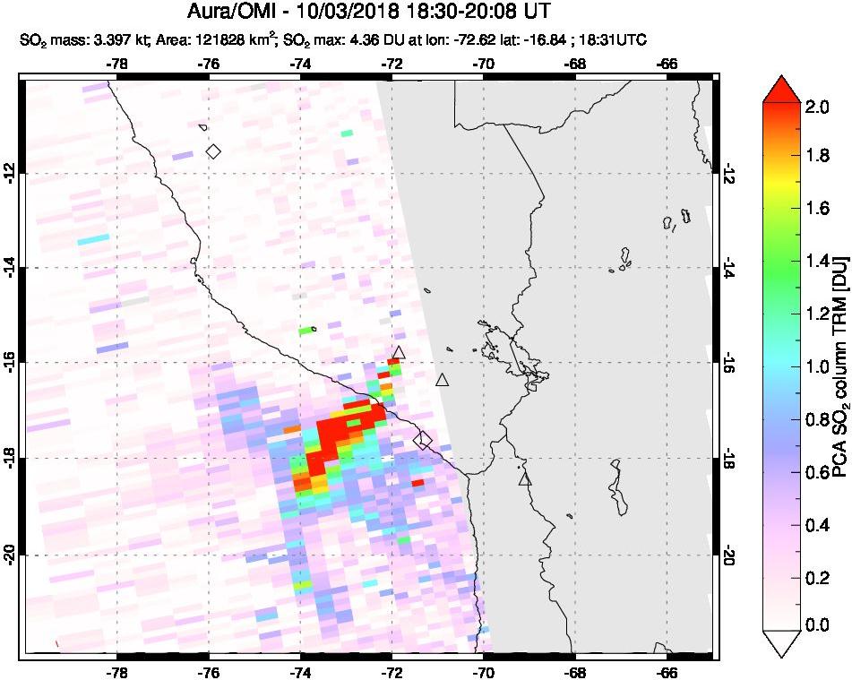 A sulfur dioxide image over Peru on Oct 03, 2018.