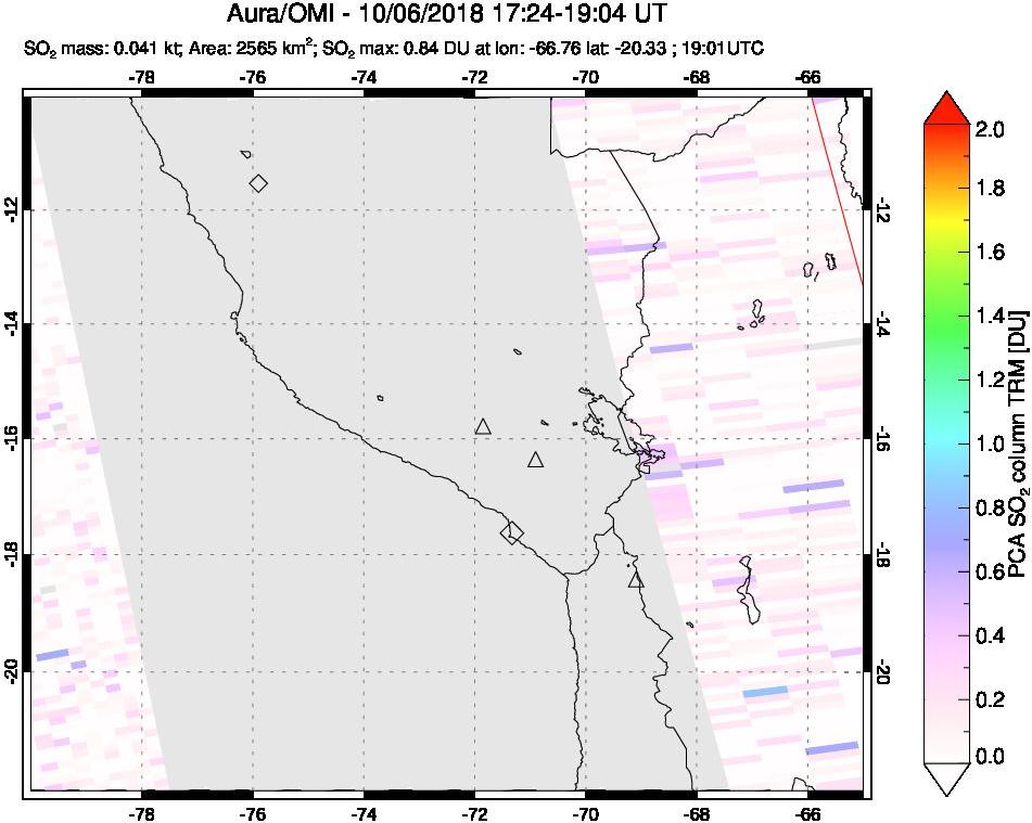 A sulfur dioxide image over Peru on Oct 06, 2018.