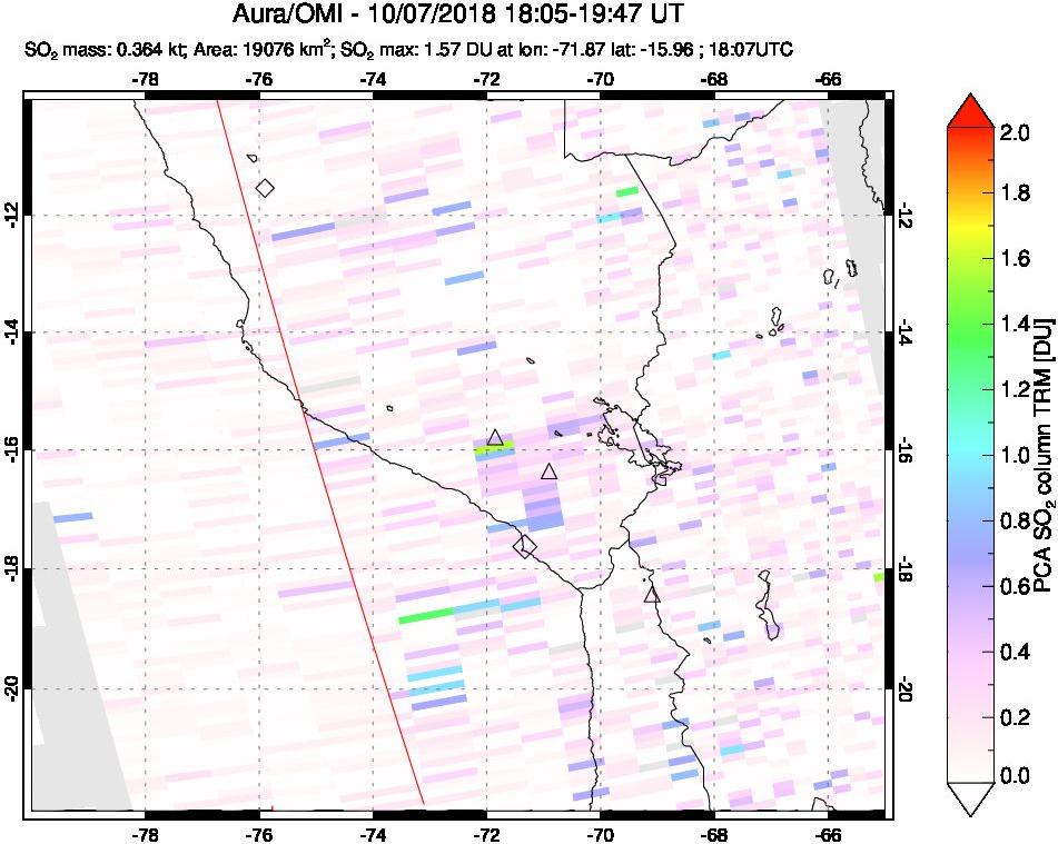 A sulfur dioxide image over Peru on Oct 07, 2018.