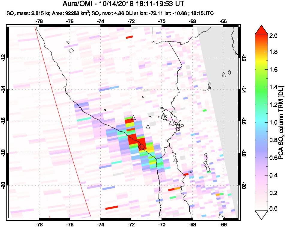 A sulfur dioxide image over Peru on Oct 14, 2018.