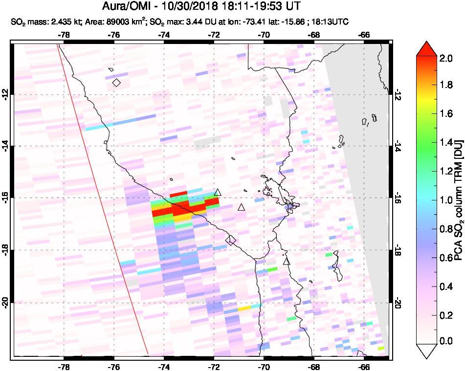 A sulfur dioxide image over Peru on Oct 30, 2018.