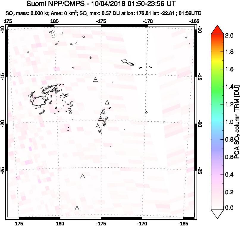 A sulfur dioxide image over Tonga, South Pacific on Oct 04, 2018.