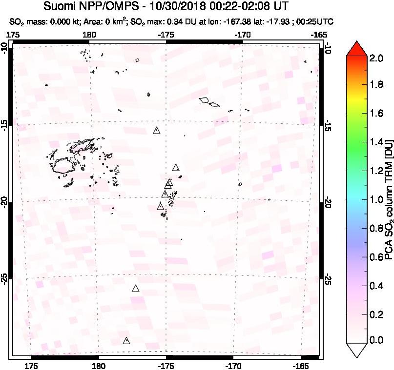 A sulfur dioxide image over Tonga, South Pacific on Oct 30, 2018.