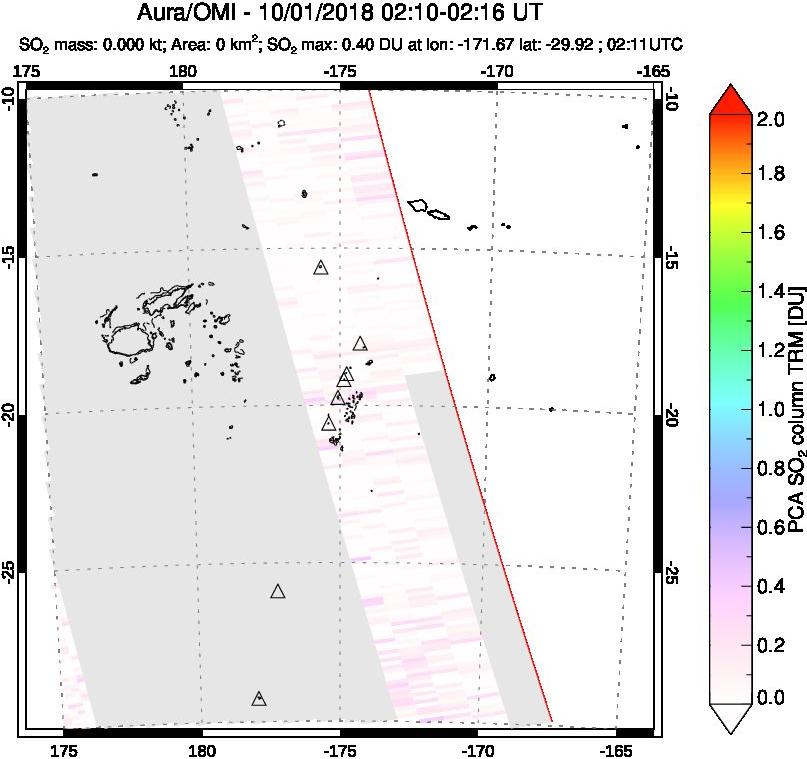 A sulfur dioxide image over Tonga, South Pacific on Oct 01, 2018.