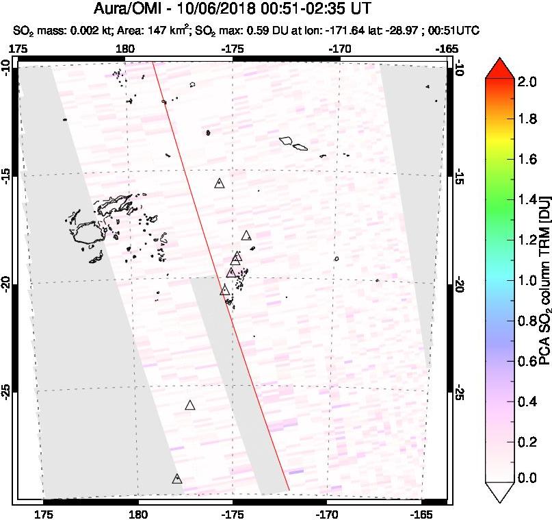 A sulfur dioxide image over Tonga, South Pacific on Oct 06, 2018.
