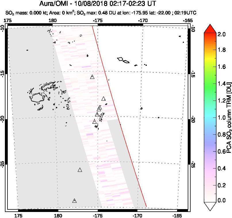 A sulfur dioxide image over Tonga, South Pacific on Oct 08, 2018.