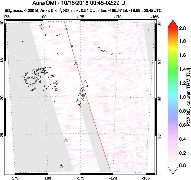 A sulfur dioxide image over Tonga, South Pacific on Oct 15, 2018.