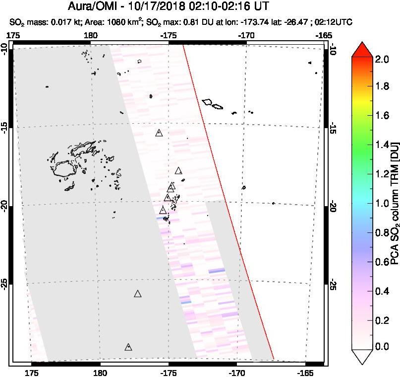 A sulfur dioxide image over Tonga, South Pacific on Oct 17, 2018.