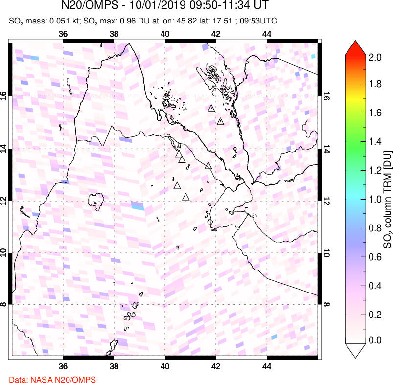 A sulfur dioxide image over Afar and southern Red Sea on Oct 01, 2019.