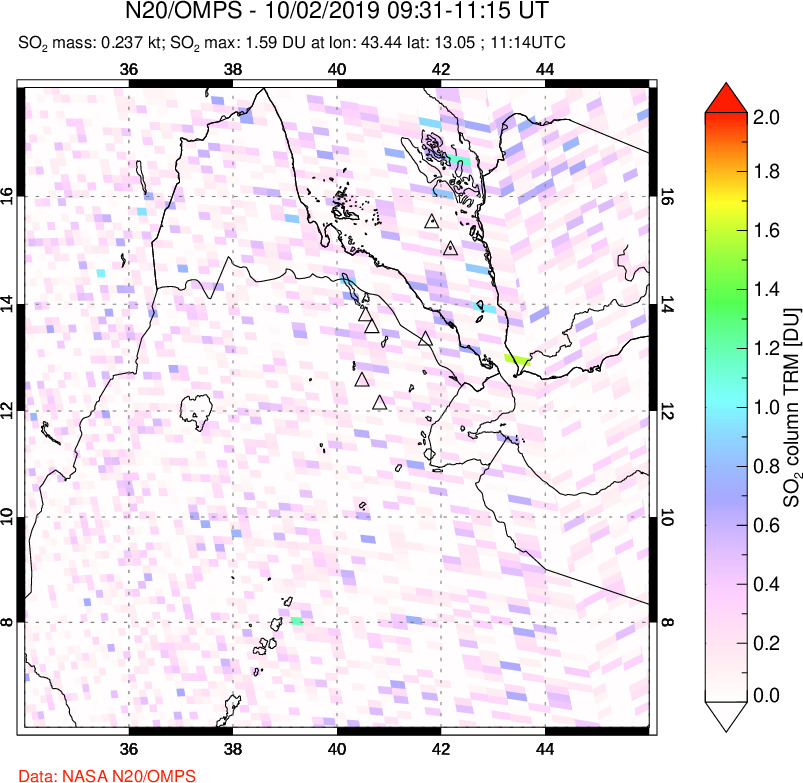 A sulfur dioxide image over Afar and southern Red Sea on Oct 02, 2019.