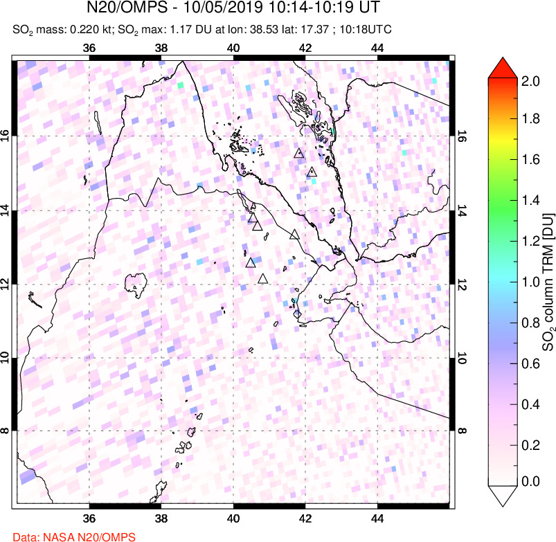 A sulfur dioxide image over Afar and southern Red Sea on Oct 05, 2019.