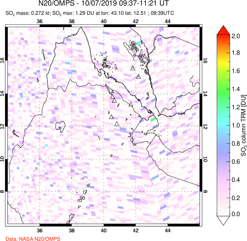 A sulfur dioxide image over Afar and southern Red Sea on Oct 07, 2019.