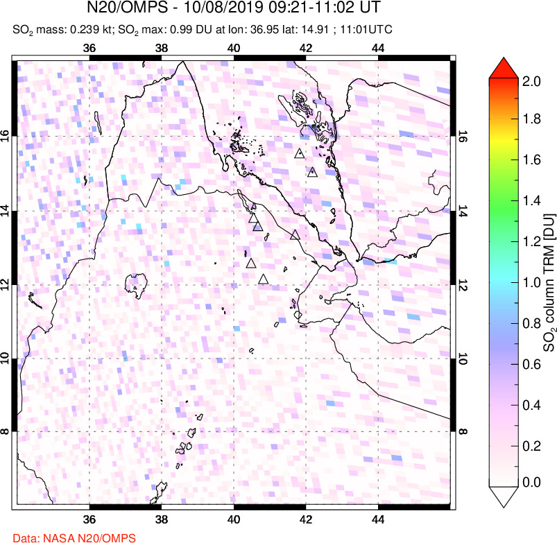 A sulfur dioxide image over Afar and southern Red Sea on Oct 08, 2019.