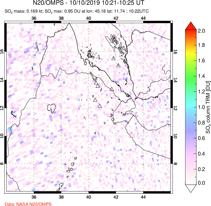 A sulfur dioxide image over Afar and southern Red Sea on Oct 10, 2019.