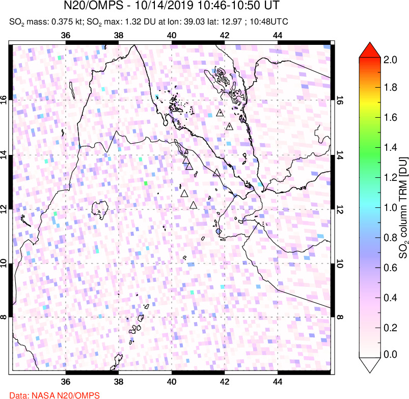 A sulfur dioxide image over Afar and southern Red Sea on Oct 14, 2019.