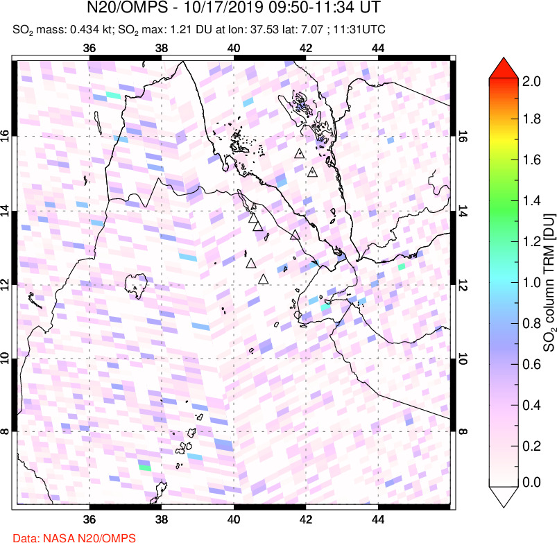 A sulfur dioxide image over Afar and southern Red Sea on Oct 17, 2019.