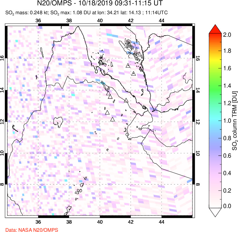 A sulfur dioxide image over Afar and southern Red Sea on Oct 18, 2019.