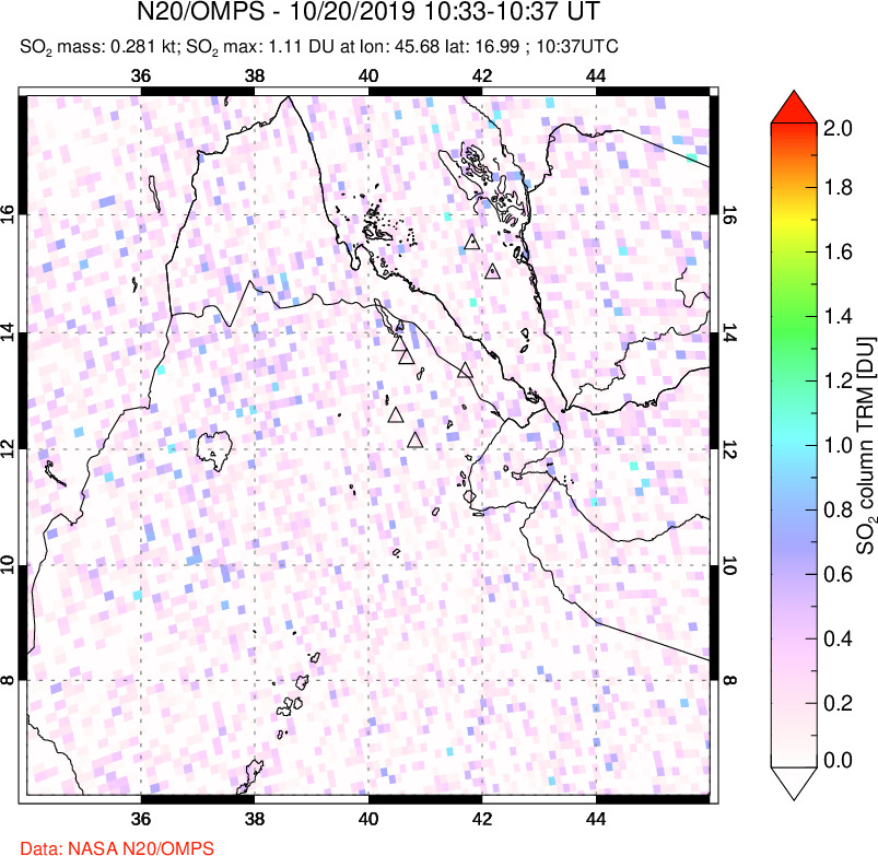 A sulfur dioxide image over Afar and southern Red Sea on Oct 20, 2019.