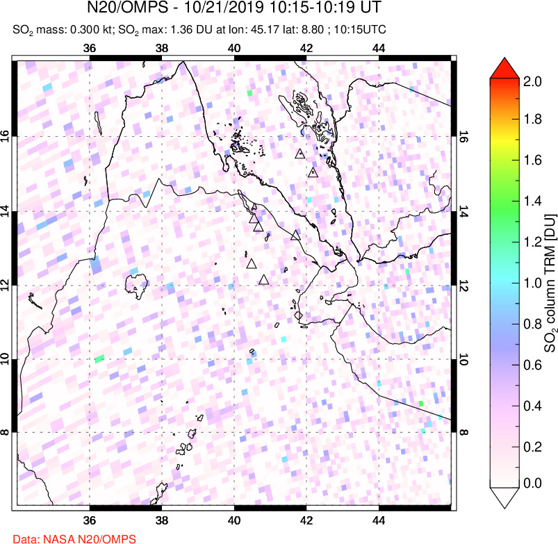 A sulfur dioxide image over Afar and southern Red Sea on Oct 21, 2019.