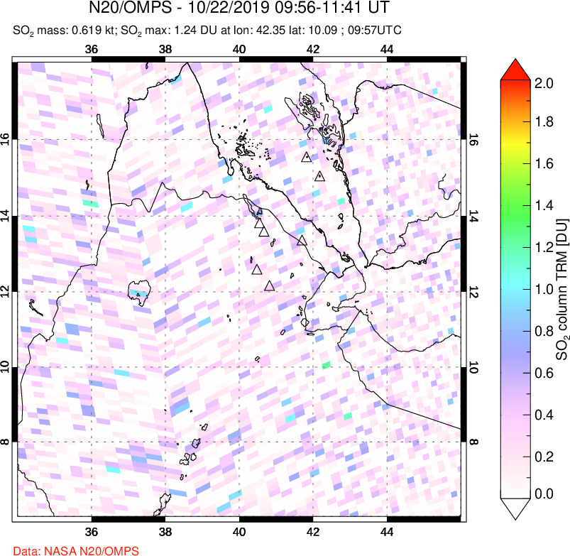 A sulfur dioxide image over Afar and southern Red Sea on Oct 22, 2019.