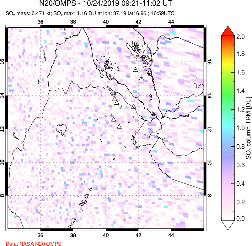 A sulfur dioxide image over Afar and southern Red Sea on Oct 24, 2019.