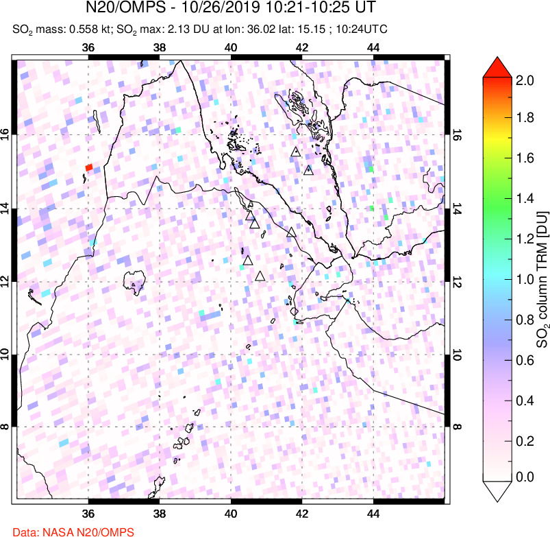 A sulfur dioxide image over Afar and southern Red Sea on Oct 26, 2019.