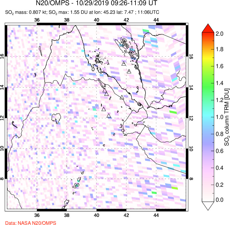 A sulfur dioxide image over Afar and southern Red Sea on Oct 29, 2019.