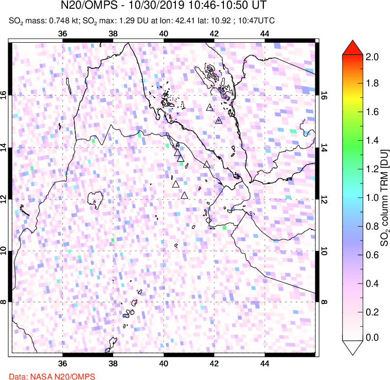 A sulfur dioxide image over Afar and southern Red Sea on Oct 30, 2019.