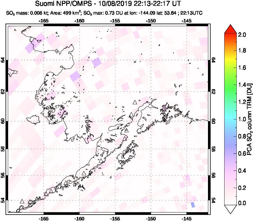 A sulfur dioxide image over Alaska, USA on Oct 08, 2019.