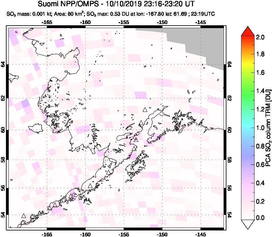 A sulfur dioxide image over Alaska, USA on Oct 10, 2019.