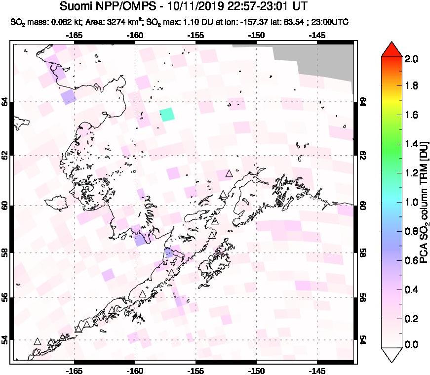 A sulfur dioxide image over Alaska, USA on Oct 11, 2019.