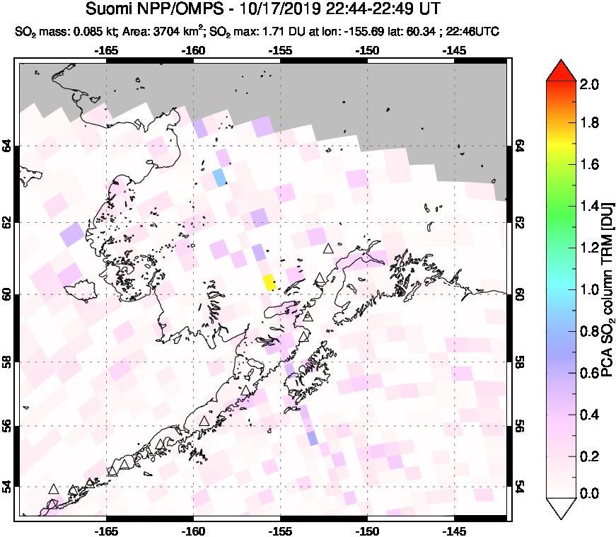 A sulfur dioxide image over Alaska, USA on Oct 17, 2019.