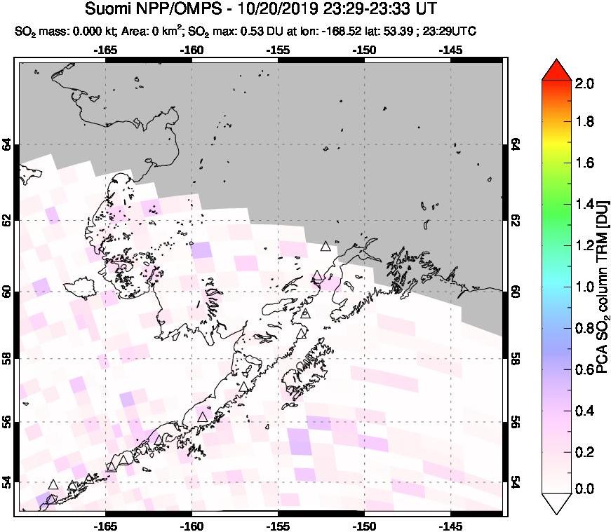 A sulfur dioxide image over Alaska, USA on Oct 20, 2019.