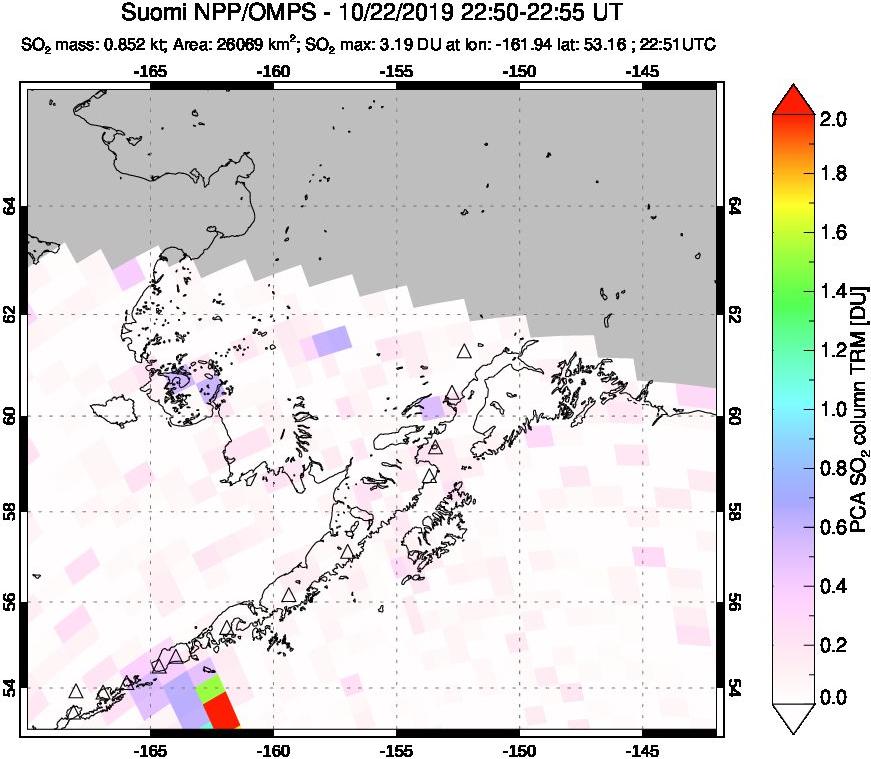 A sulfur dioxide image over Alaska, USA on Oct 22, 2019.