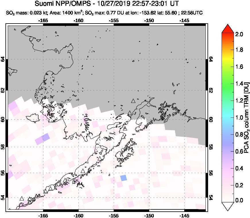 A sulfur dioxide image over Alaska, USA on Oct 27, 2019.