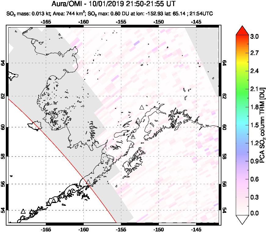 A sulfur dioxide image over Alaska, USA on Oct 01, 2019.