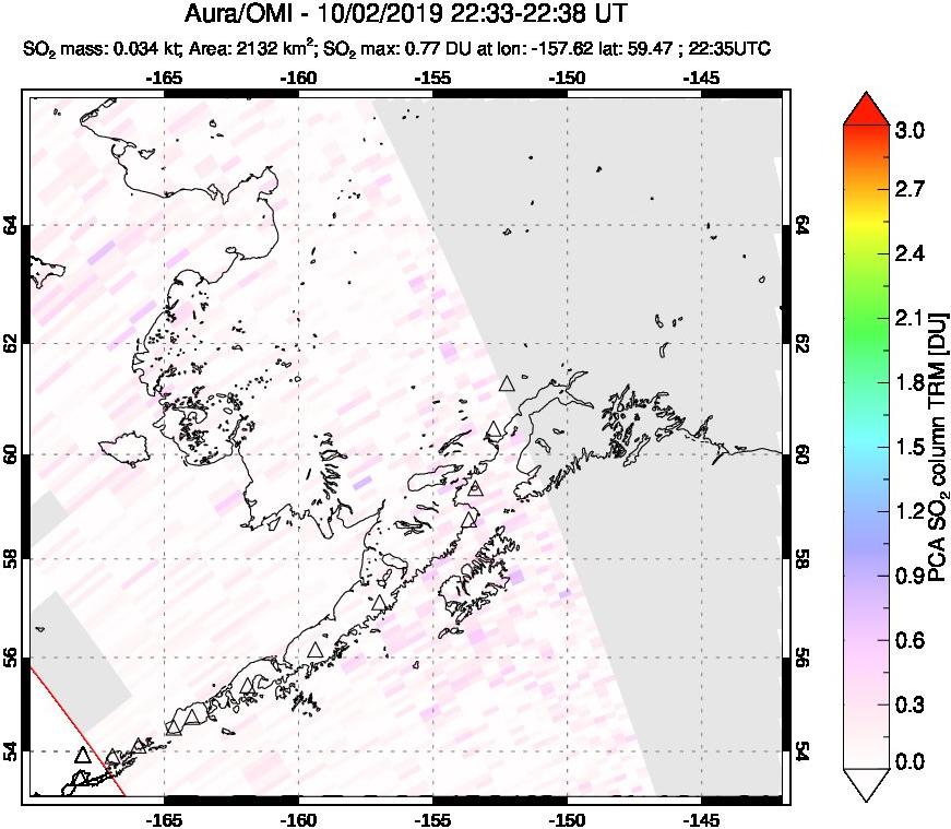 A sulfur dioxide image over Alaska, USA on Oct 02, 2019.