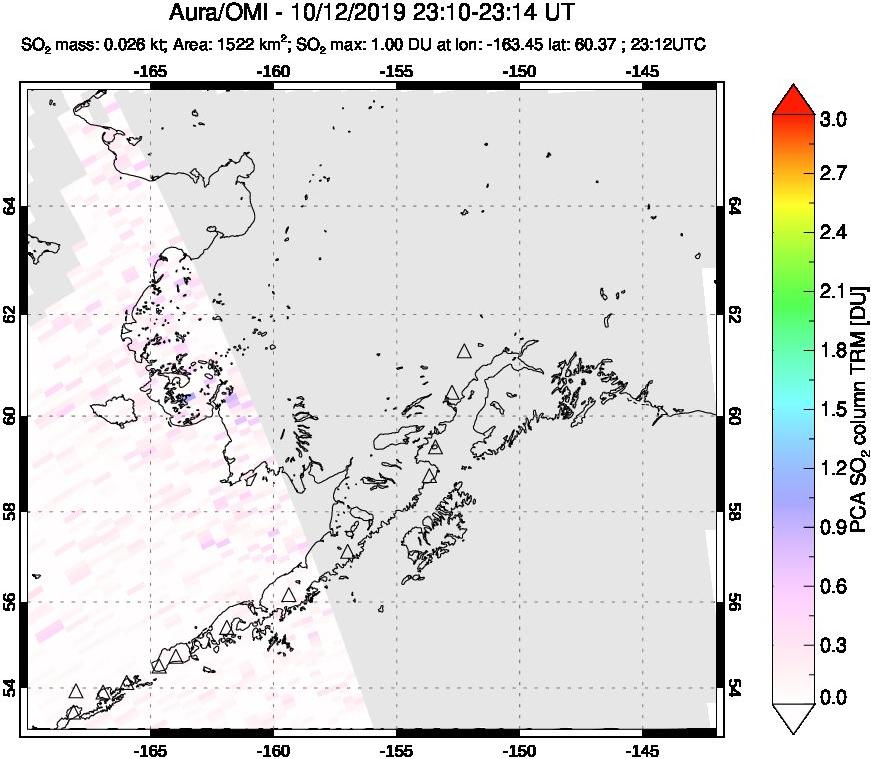 A sulfur dioxide image over Alaska, USA on Oct 12, 2019.