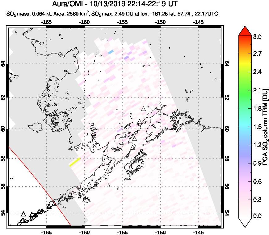 A sulfur dioxide image over Alaska, USA on Oct 13, 2019.
