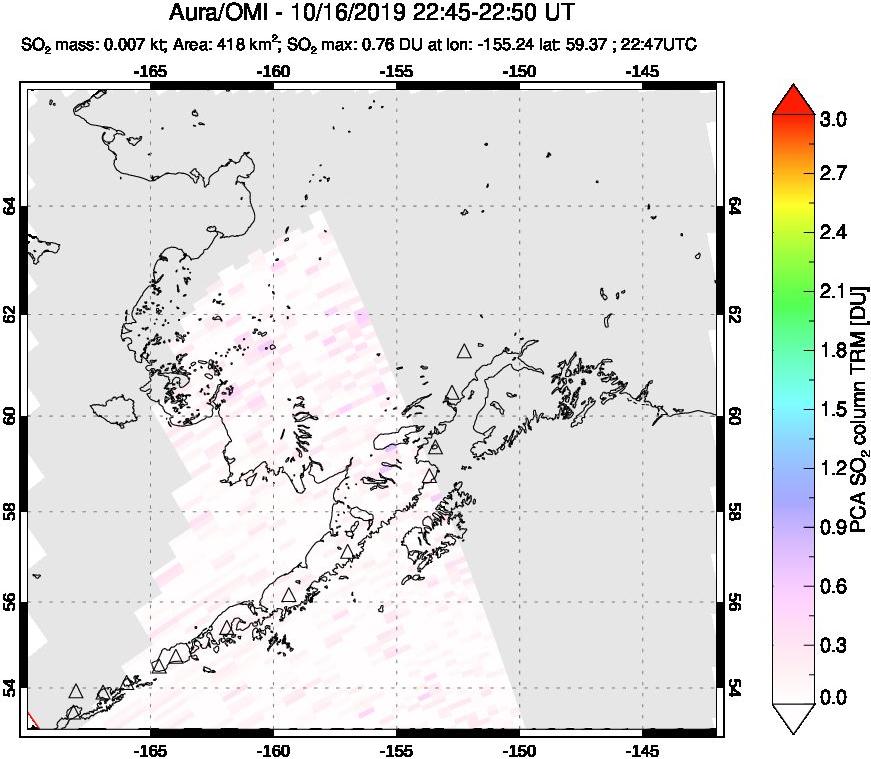 A sulfur dioxide image over Alaska, USA on Oct 16, 2019.
