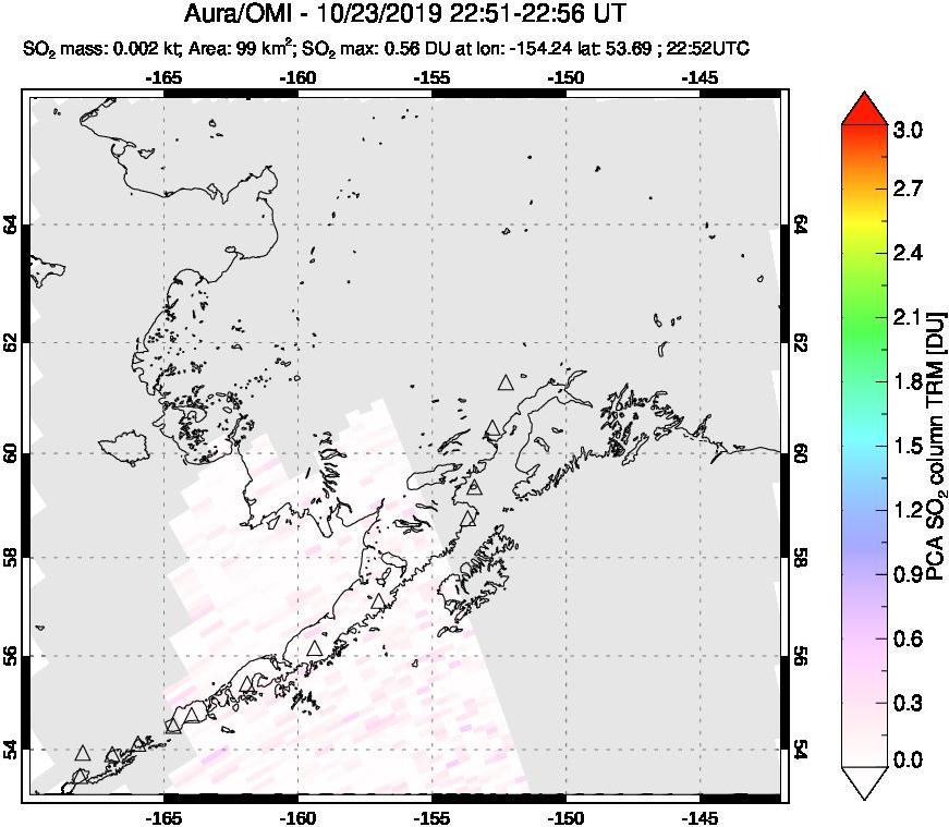 A sulfur dioxide image over Alaska, USA on Oct 23, 2019.