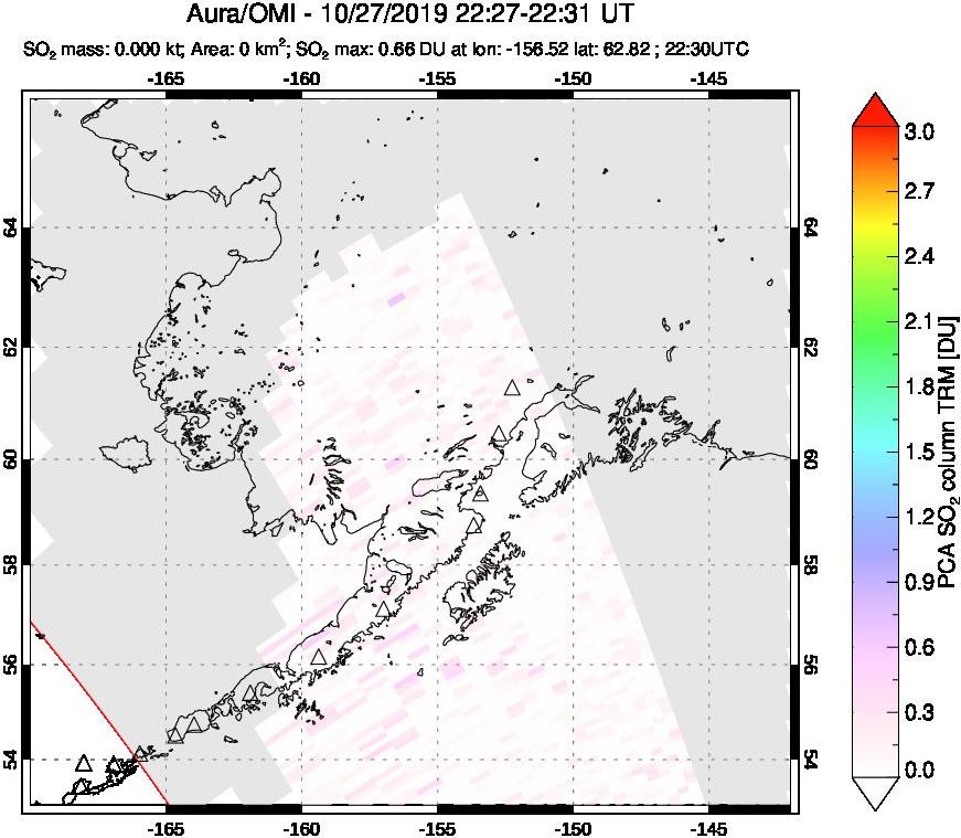 A sulfur dioxide image over Alaska, USA on Oct 27, 2019.