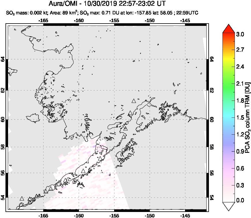 A sulfur dioxide image over Alaska, USA on Oct 30, 2019.