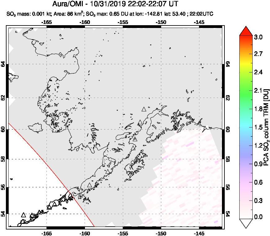 A sulfur dioxide image over Alaska, USA on Oct 31, 2019.