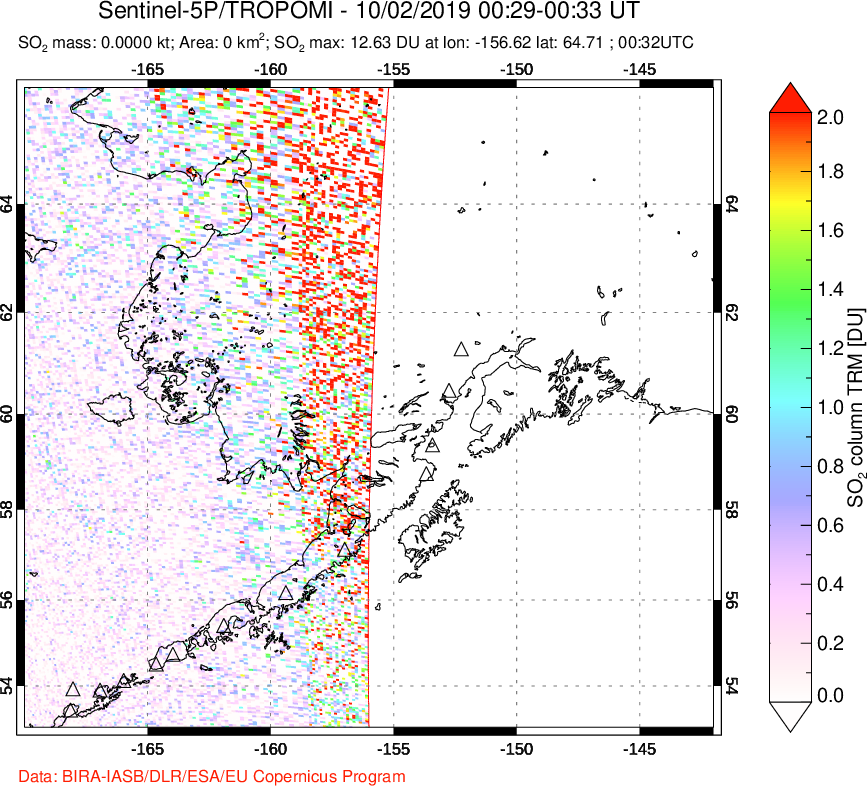 A sulfur dioxide image over Alaska, USA on Oct 02, 2019.