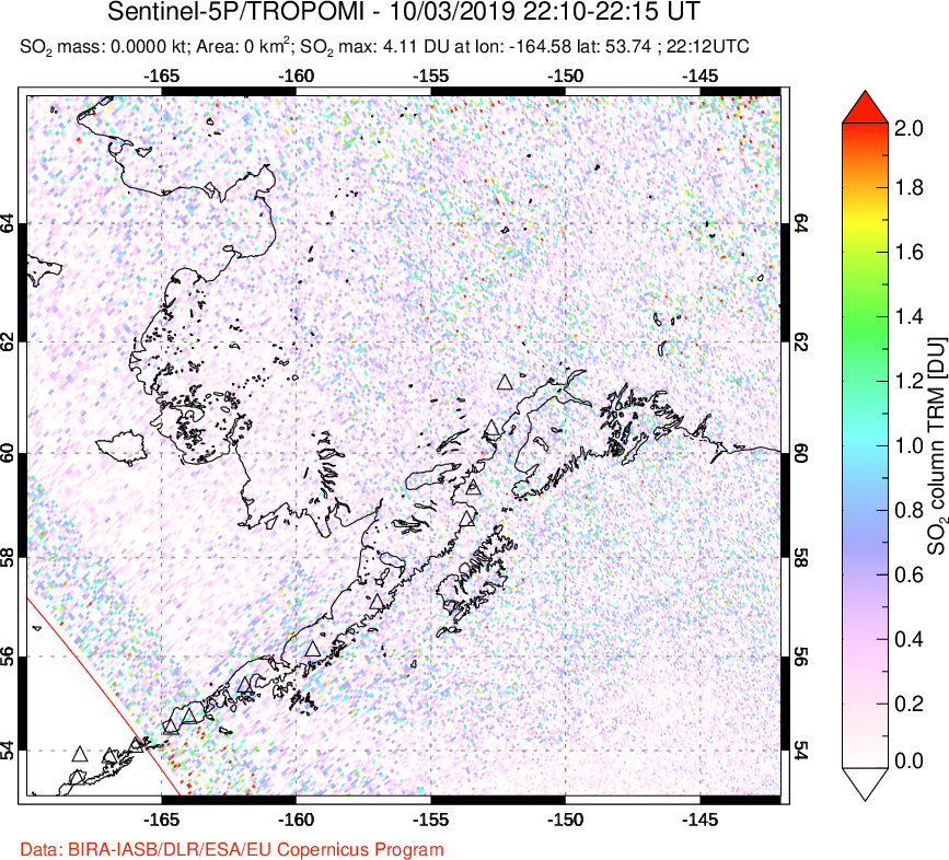 A sulfur dioxide image over Alaska, USA on Oct 03, 2019.