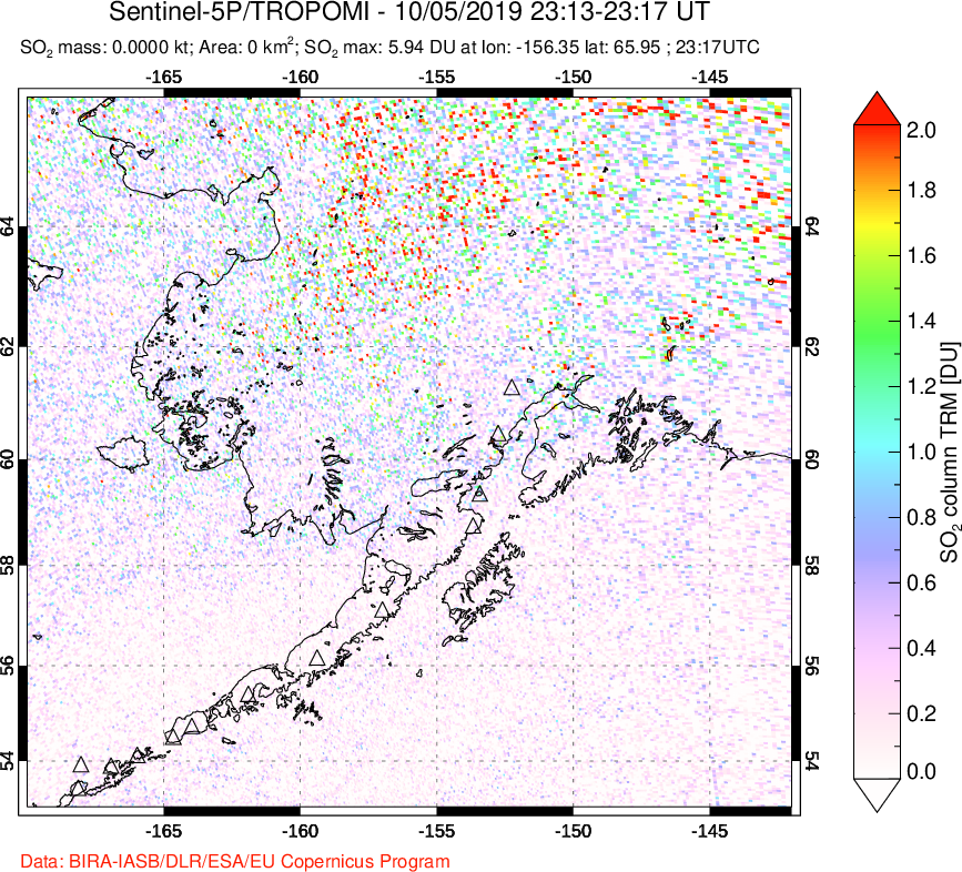 A sulfur dioxide image over Alaska, USA on Oct 05, 2019.