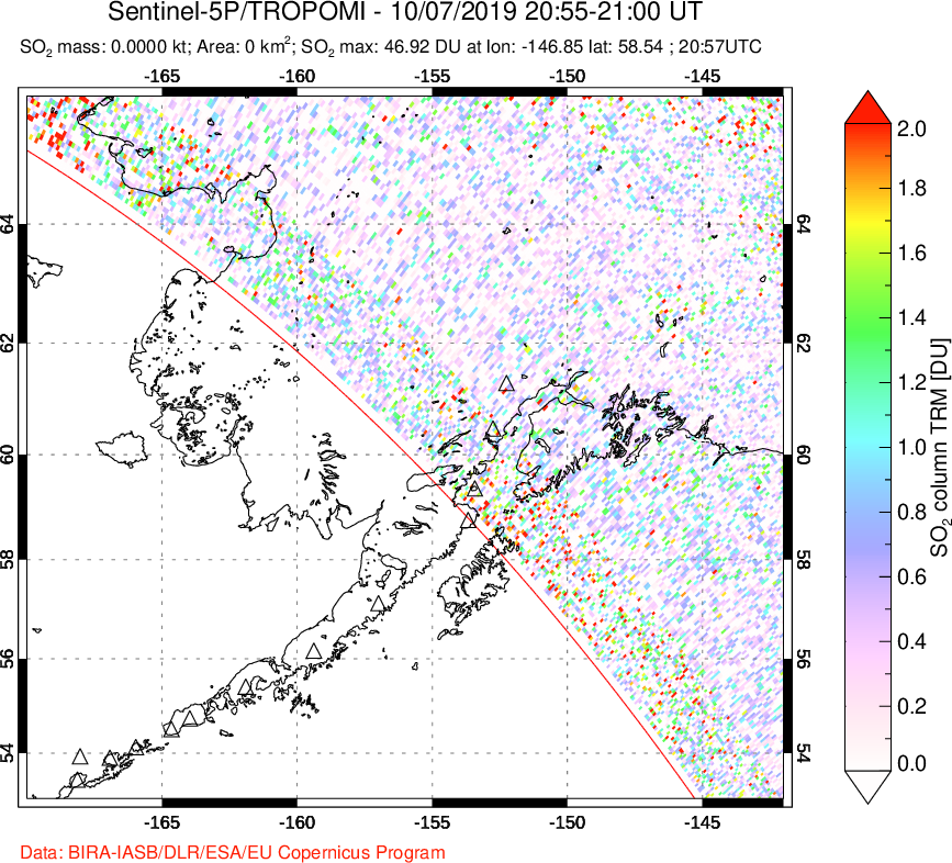 A sulfur dioxide image over Alaska, USA on Oct 07, 2019.