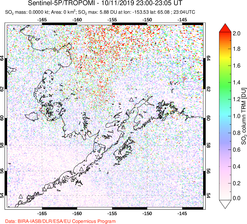A sulfur dioxide image over Alaska, USA on Oct 11, 2019.